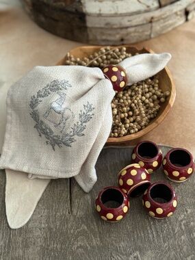 Hand-Painted Red Polka Dot Wooden Napkin Rings - Set of 6